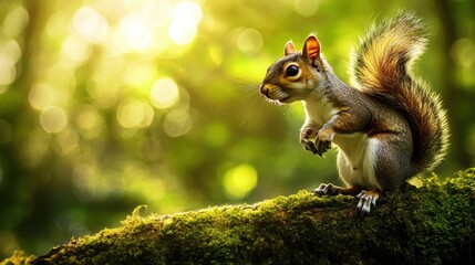Fototapeta premium A charming squirrel perches on a mossy branch, surrounded by a soft, glowing forest backdrop, showcasing nature's beauty.