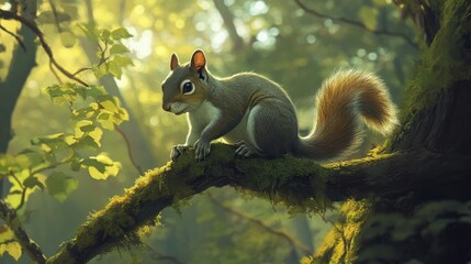 Fototapeta premium A serene squirrel sits on a mossy branch in a lush, sunlit forest, surrounded by vibrant foliage and a tranquil atmosphere.