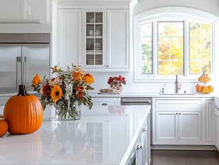 Bright and Cozy Modern Kitchen Decorated for Autumn with Mini Pumpkins, Fall Foliage, and Soft Natural Light Streaming Through the Windows