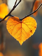 Obraz premium Heart Shaped Autumn Leaf on Tree Branch with Warm Tones
