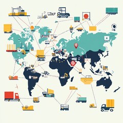 Naklejka premium Illustration of global value chains, connecting manufacturers, suppliers, and distributors, visualizing the flow of goods across borders in international trade