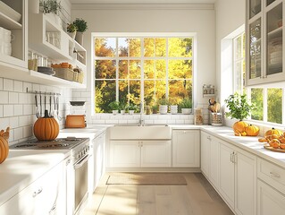 Bright and Cozy Modern Kitchen Decorated for Autumn with Mini Pumpkins, Fall Foliage, and Soft Natural Light Streaming Through the Windows