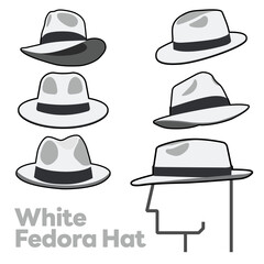 Set Blank White Fedora Hat Vector for Template. White Fedora Hat Technical Fashion Illustration. White Fedora Hat Isolated on White Background. Vector Illustration. Elements for design. EPS10.