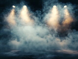 Bright White Spotlights Shining Through a Foggy Stage Setting, Perfect for Theater, Concerts, and Dramatic Event Backgrounds