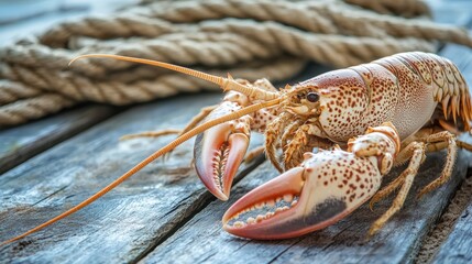 A detailed close-up of a lobster resting beside a coiled rope on a wooden surface, showcasing its vibrant colors and distinctive claws.