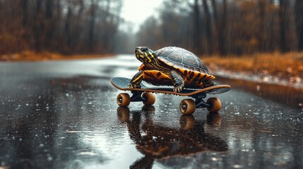 A turtle rides a skateboard on a rainy road, surrounded by autumn foliage, showcasing a whimsical and playful scene.