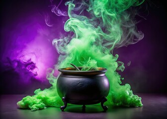 Halloween Poster Design: Black Witch Cauldron, Green Smoke, Lilac Background