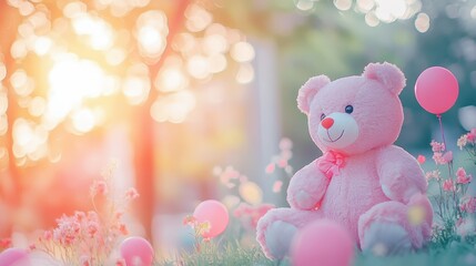 Fototapeta premium Teddy bear with pink and red decorations in a bright indoor party, surreal, manipulation, outdoor setting