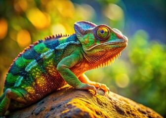 Green and brown chameleon sunbathes, a captivating reptile portrait capturing nature's artistry.