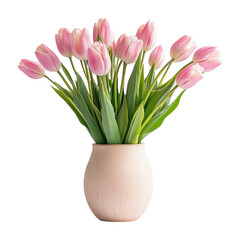 Obraz premium Pink tulip bouquet in a ceramic vase isolated on white or transparent PNG