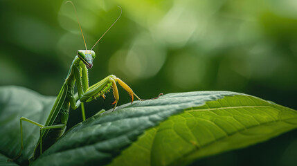 praying mantis on a green leaf