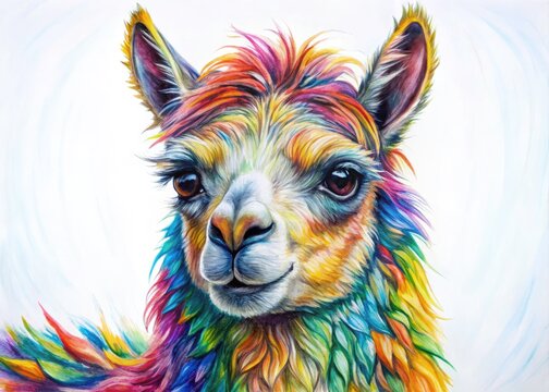 Hand-drawn, colorful alpaca and llama fusion. Generative AI creates abstract animal portrait.