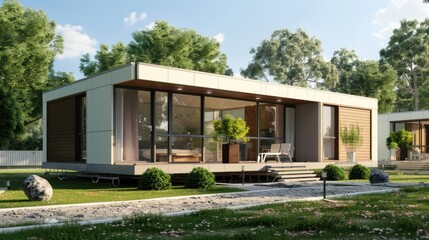 Modern house exterior with lawn grass, AI generated image