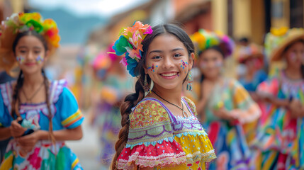 Fototapeta premium cute girls dressed in colorful traditional clothing, celebrating cultural heritage and diversity at a festive event