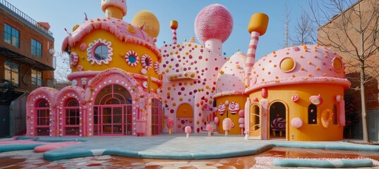 Charming neighborhood of candy shaped houses  a sweet escape into whimsical architecture