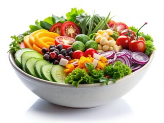 Healthy Salad Bowl Panoramic Photography, Delicious Fresh Salad, White Background
