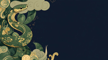 Emerald Snake with Gold Accents on a Dark Blue Background. Chinese New Year. Lunar New Year. Shio 2025