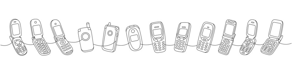 Retro phones one line continuous drawing. Flip mobile phones, smart phone, old mobile phone. Vector linear illustration.