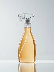Sleek bottle of spray disinfectant with a fine mist sprayer isolated on white, highlighting hygiene and sanitation in a minimalist design.