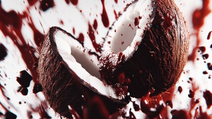 A cracked coconut splashed with dark chocolate. Ideal for advertising coconut-chocolate desserts, drinks, or beauty products.