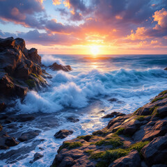 Obraz premium Ocean Waves Crashing on Rocks