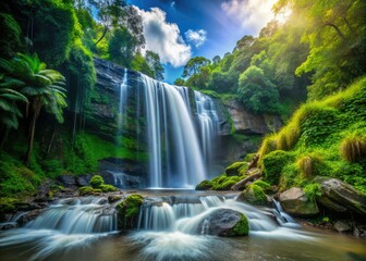 High-Speed Waterfall Cascading, Nature, Long Exposure, AI Art, Stunning Detail