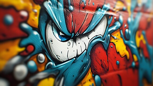 Close-up of vibrant graffiti art featuring an angry cartoon character's eye. - Powered by Adobe