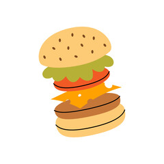 Burger with flying ingredients. Traditional American fast food. Vector illustration.