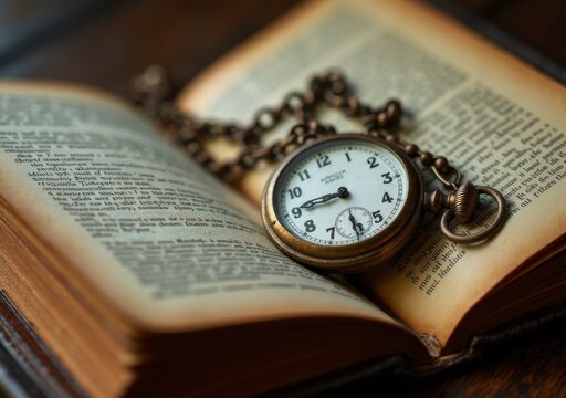 Vintage pocket watch resting on an open book with pages filled with text