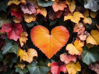 Vibrant Heart Shaped Autumn Leaf Closeup in Natural Setting