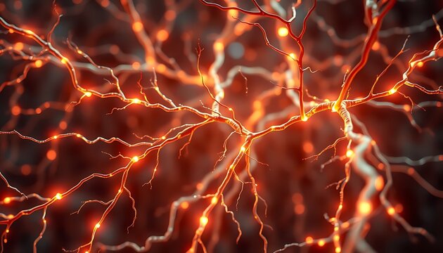 Glowing Neuron Network Intricate Branches Orange Hues Dark Background