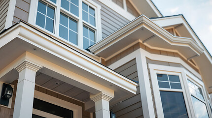 Close-up view of a house's exterior, showcasing white trim, columns, and multi-paned windows on light gray siding.  The image focuses on the architectural details of the eaves, soffit, and porch.