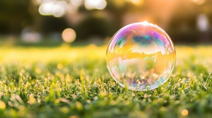 A vibrant soap bubble stands out on the lush green grass, sparkling in the warm sunlight of a beautiful day