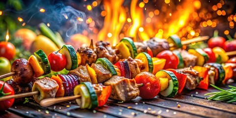 Fototapeta premium Long exposure photography reveals juicy grilled meat skewers and colorful vegetables at the summer BBQ.