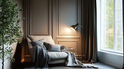 Elegant cozy reading nook with modern armchair, soft blanket, and stylish floor lamp by a wall panel