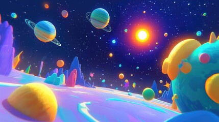 Fototapeta premium Colorful Fantasy Landscape with Planets and Stars in Outer Space
