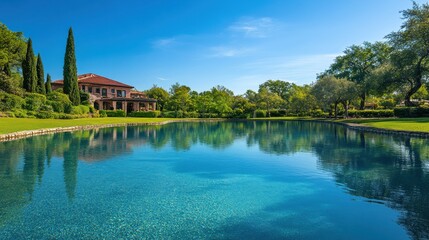 Obraz premium A serene scene of a large estate with perfectly landscaped gardens and a clear blue pool, symbolizing the rewards of wealth and prosperity.
