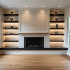 Fototapeta premium Modern Fireplace with Builtin Shelves LED Lighting