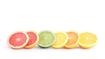 Bright citrus fruit slices including lime, lemon, orange, and grapefruit displayed on a clean white...