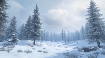 Fototapeta premium A serene winter landscape featuring a snow-covered forest with tall pine trees, their branches heavy with fresh snow under a soft, cloudy sky.