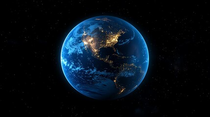 Fototapeta premium Planet Earth glowing at night, global network connectivity showcasing North America, South America, Europe, Africa, Asia, and the Middle East as a unified technological community