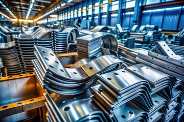 Industrial Sheet Metal Parts Stack, Factory Floor, Manufacturing Photography