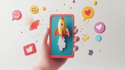 Mobile App Launch Success: Rocket Taking Off on Smartphone Screen with Social Media Icons