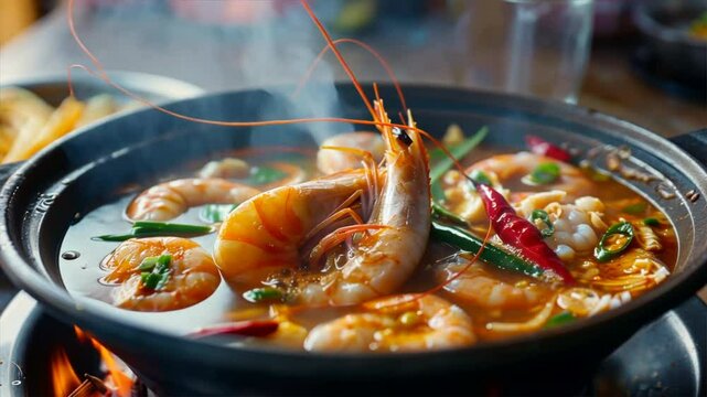 Delicious hot shrimp soup in bowl, filled with fresh seafood, vibrant herbs, and spices, creating perfect meal for culinary enthusiasts and seafood lovers alike.