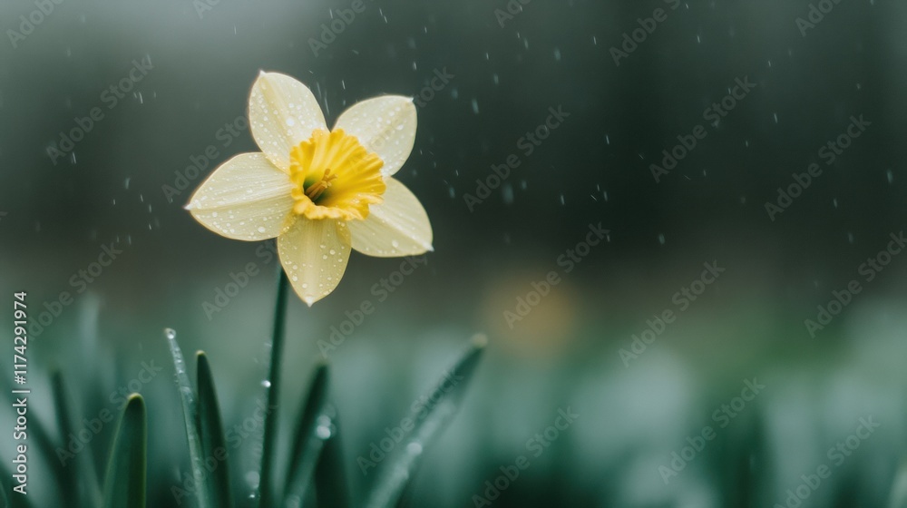 Poster A bright yellow daffodil stands tall, glistening with raindrops, embodying spring's renewal and the beauty of nature in wet conditions