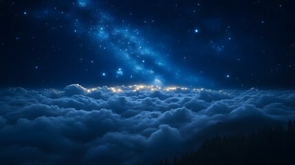 Starry night sky over a sea of clouds.