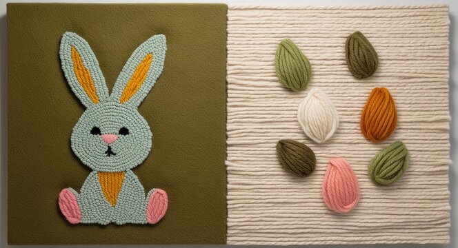 Crocheted amigurumi Easter bunny with egga, knitted fabric handcraft for Easter dat, on a fabric pattern background Cute religious banner