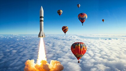 Obraz premium A rocket launches above the clouds with colorful hot air balloons floating in the blue sky.
