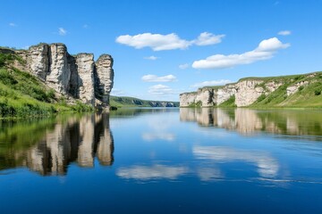 Serene river landscape with cliffs and reflections under a blue sky.