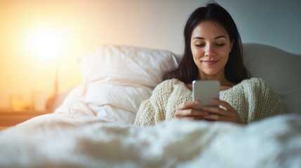 A woman relaxes in her cozy bed during the morning, engaging with her smartphone while smiling contently